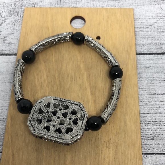 Antique silver tone faux opal stretch bracelet statement - Picture 3 of 4